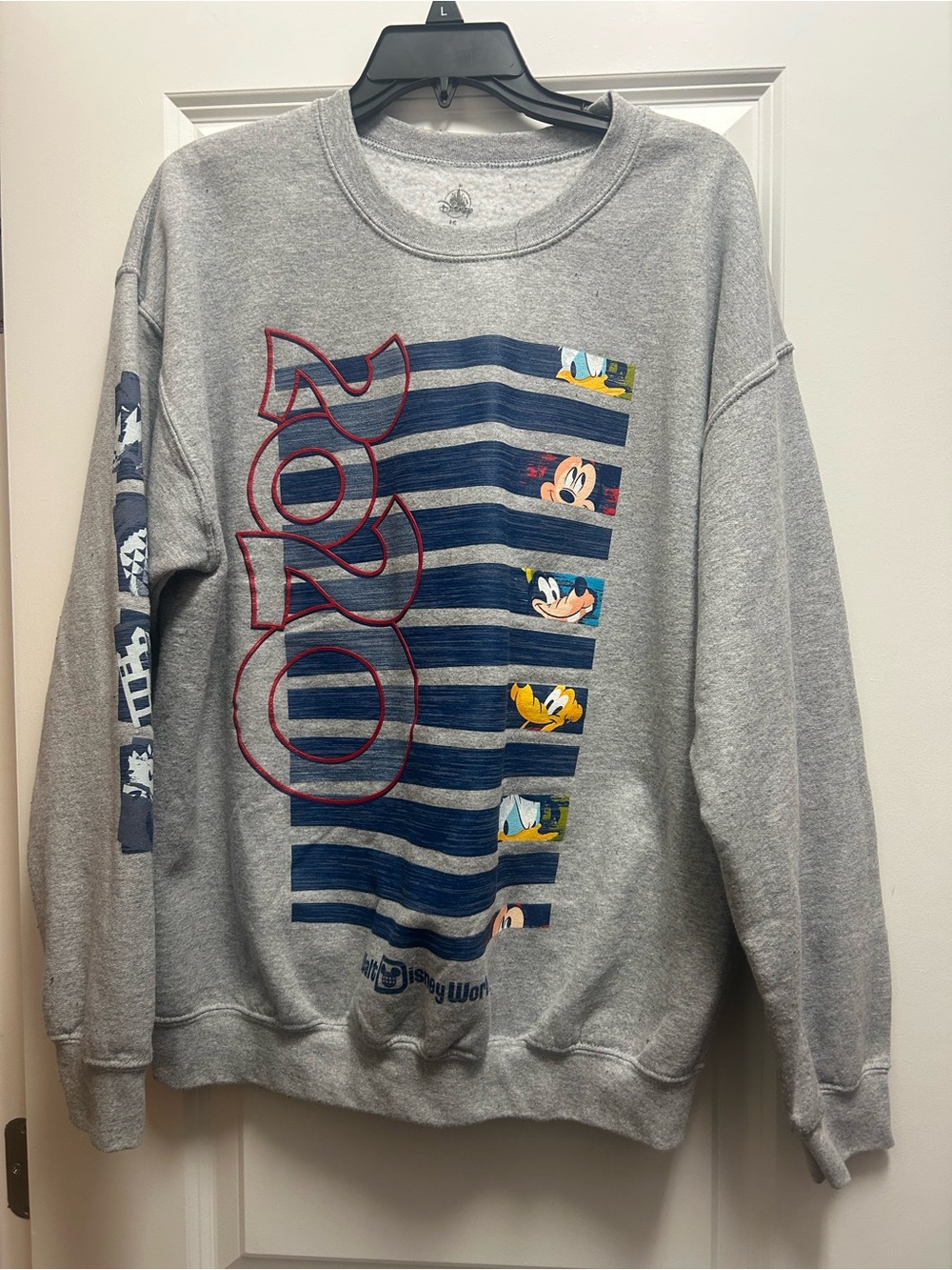 Disney Gray Crewneck Sweatshirt with Blue Stripes and Red 2020 Graphic